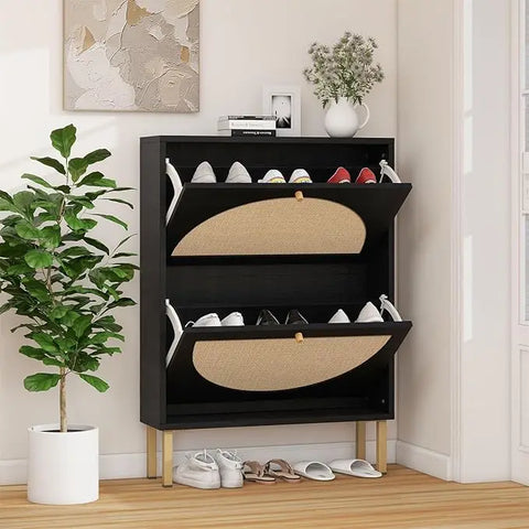 Natural Rattan Cabinet with 3 Flip Drawers, Free Standing Modern 3-Tier Shoe Storage Rack for Heels, Slippers