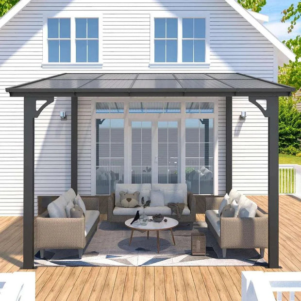 10' x 8' wall-mounted lean-to gazebo on patio with seating, offering UV and water protection.