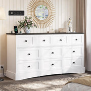 Farmhouse dresser with charging station and 10 drawers, featuring rustic design in black wood, ideal for bedroom storage.