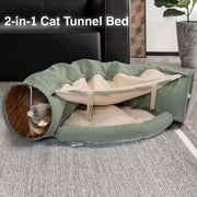 Plush bed with tunnel for indoor cats, offering multi-purpose design for play and relaxation.