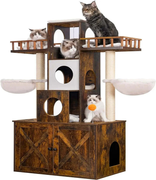 Cat tree with litter box enclosure, featuring 3 perches, 2 caves, and sisal-covered pillars for cats.