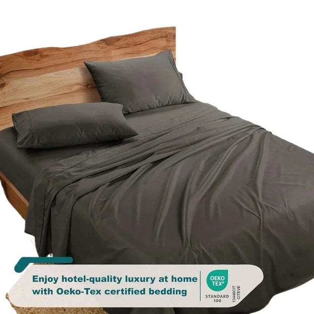 Luxurious 1000 thread count queen sheet set on wooden bed frame.