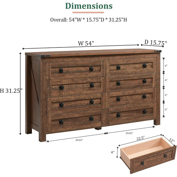 Rustic farmhouse dresser with 8 drawers, wooden finish, and black hardware in a cozy bedroom setting.