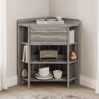Corner cabinet with 1 drawer, 8 shelves, and charging station in a room corner.