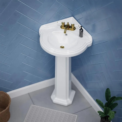 22" White Corner Pedestal Bathroom Sink