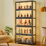 Curio display cabinet with 5-tier acrylic glass shelves showcasing collectibles in a modern living room setting.