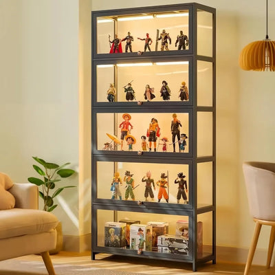 Curio display cabinet with 5-tier acrylic glass shelves showcasing collectibles in a modern living room setting.