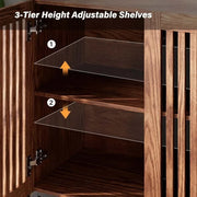 Farmhouse TV Stand with adjustable 3-tier shelves and rustic grating door design.