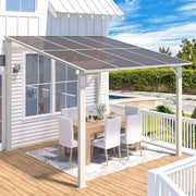 10' x 8' wall-mounted lean to gazebo on patio with table and chairs, waterproof and UV protected.