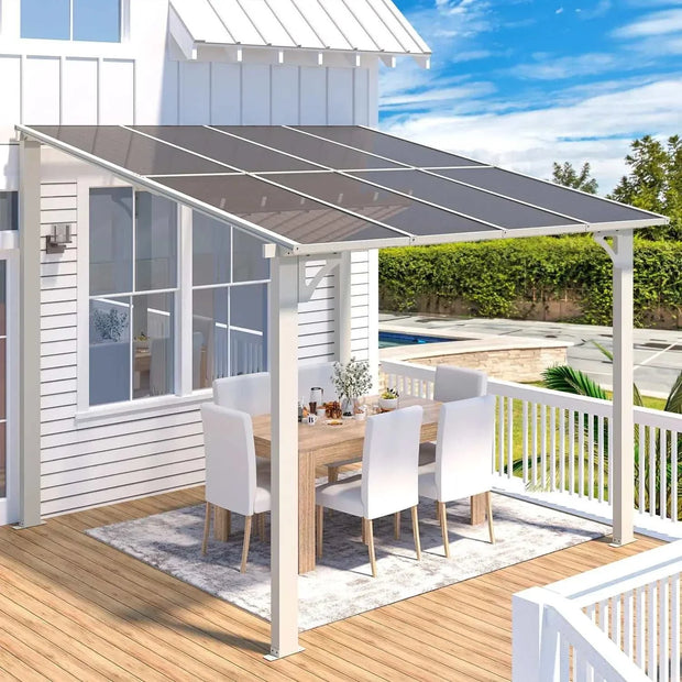 10' x 8' wall-mounted lean to gazebo on patio with table and chairs, waterproof and UV protected.