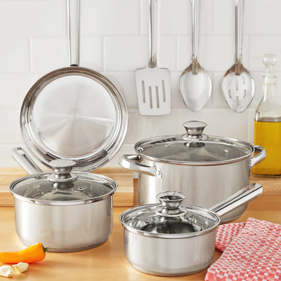10 piece nonstick stainless steel cookware set with vented lids and utensils displayed in a kitchen setting.