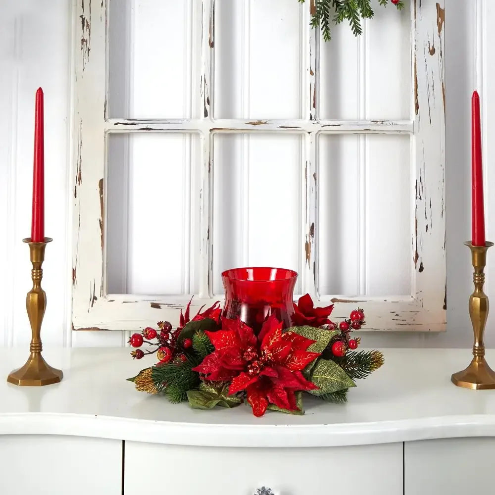 Holiday Cheer Red Poinsettia Berry Candle Holder