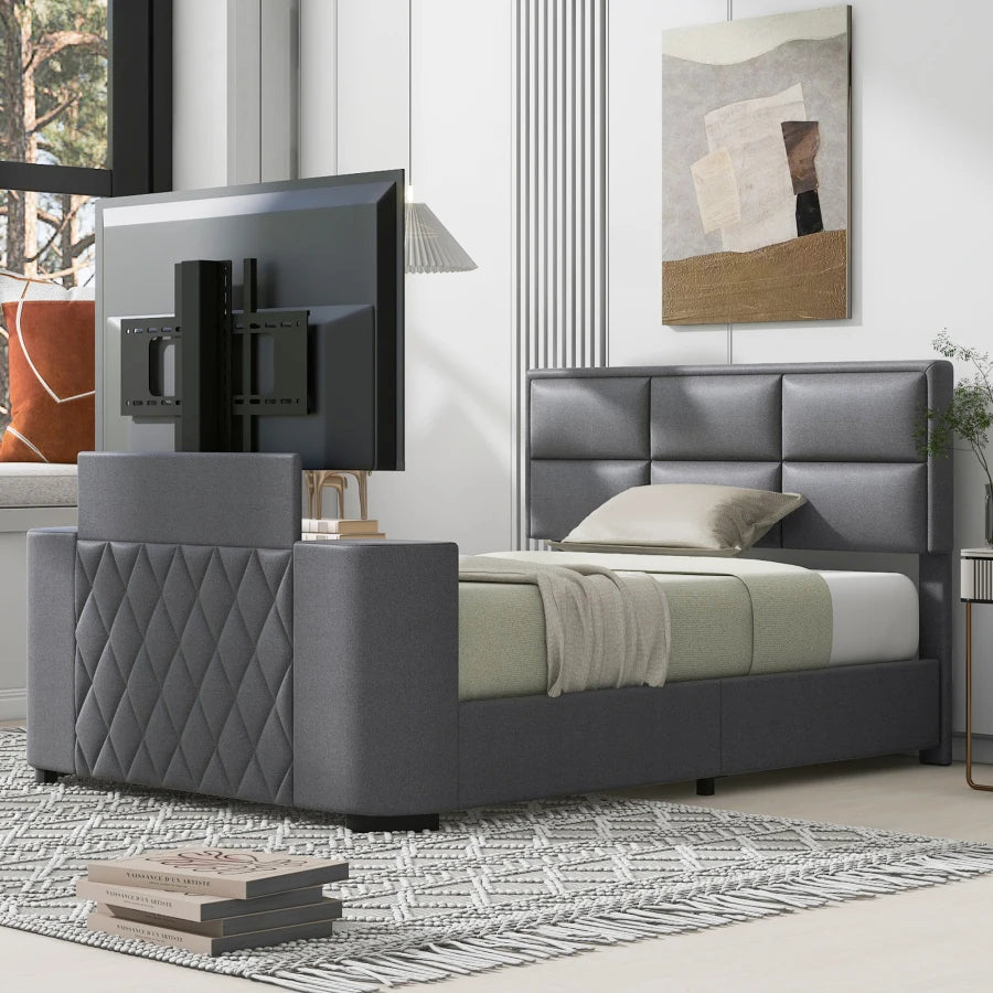 Modern Queen Upholstery TV Platform Bed