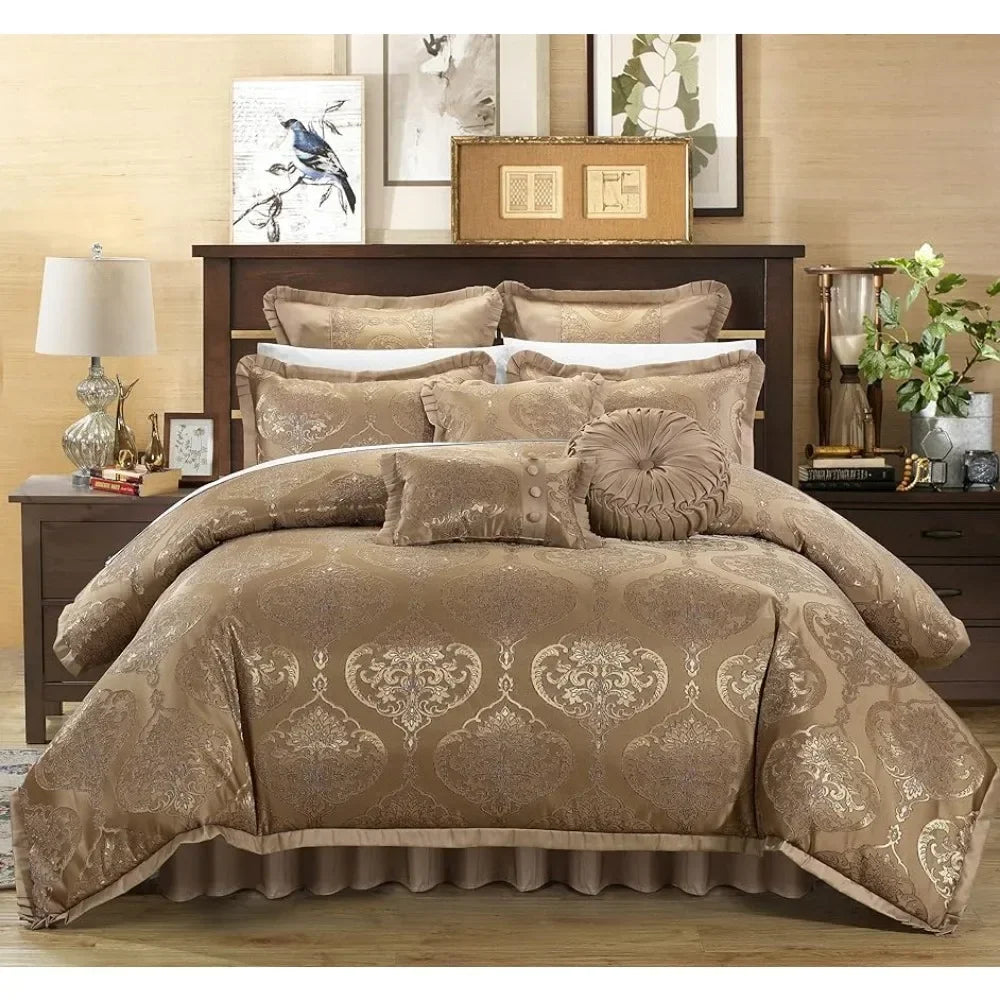 9 Piece Bedroom Comforter Set & Pillows Ensemble, King, Gold