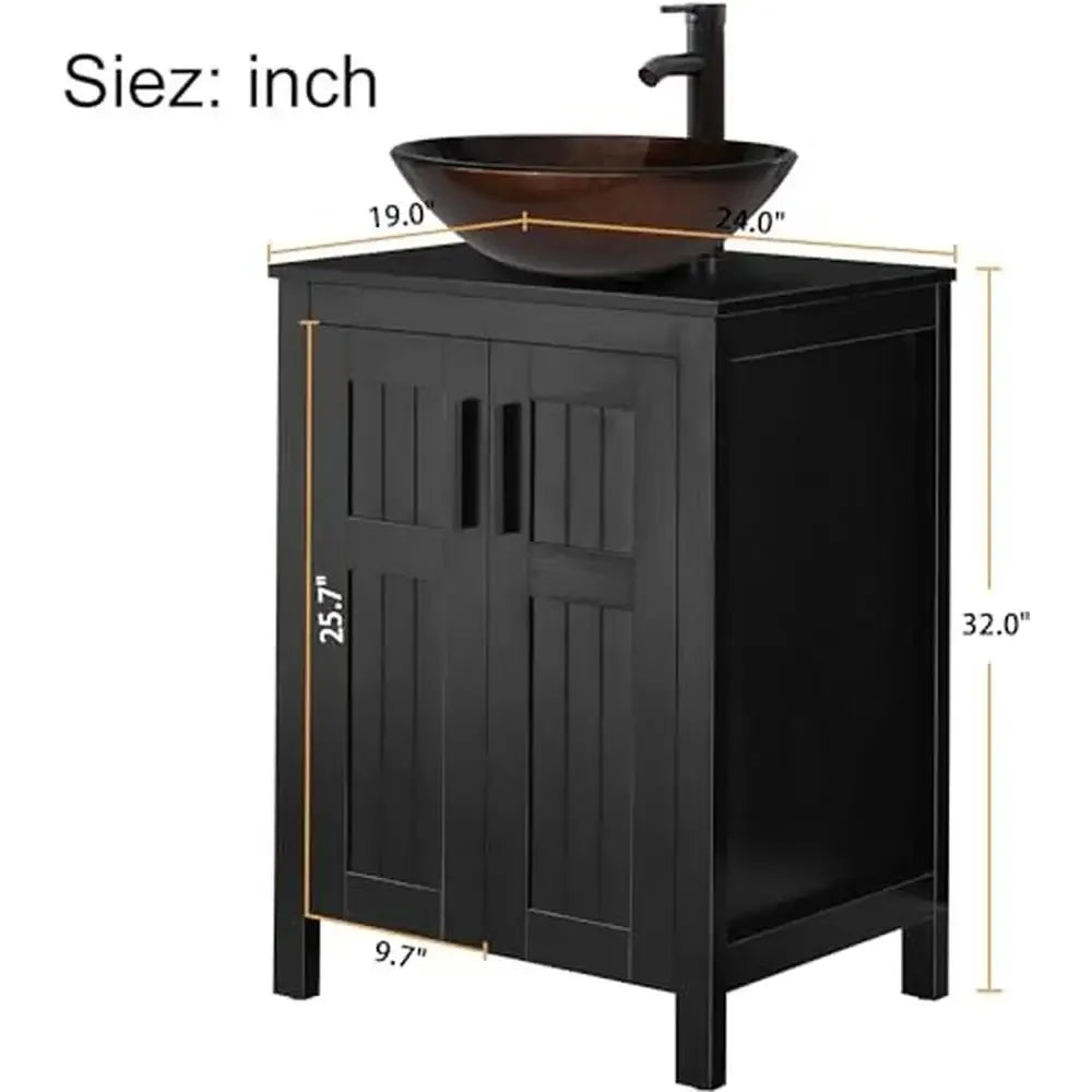 Black Wood Vanity with Ceramic Vessel Sink