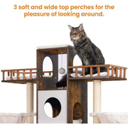 Cat tree with cat on top perch, fenced for safety.