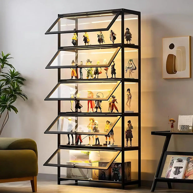 Curio Display Cabinet with 5-Tier Shelves and Acrylic Glass Door showcasing collectibles.