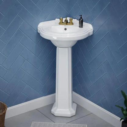 22" White Corner Pedestal Bathroom Sink