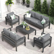 5 pieces patio sectional sofa with fire pit table on stylish outdoor setting.
