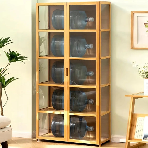 Curio Display Cabinet with 5-Tier Shelves and Acrylic Glass Door showcasing collectibles.