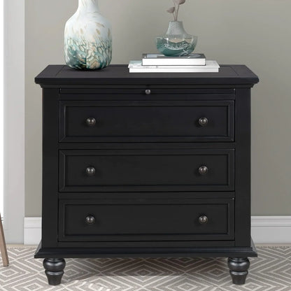 Black Wood Nightstand With 3 Storage Drawers