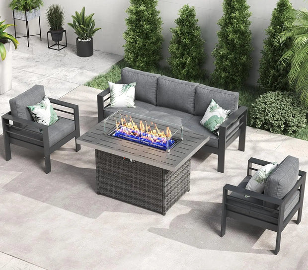 5 pieces patio sectional sofa with fire pit table on stylish outdoor setting.