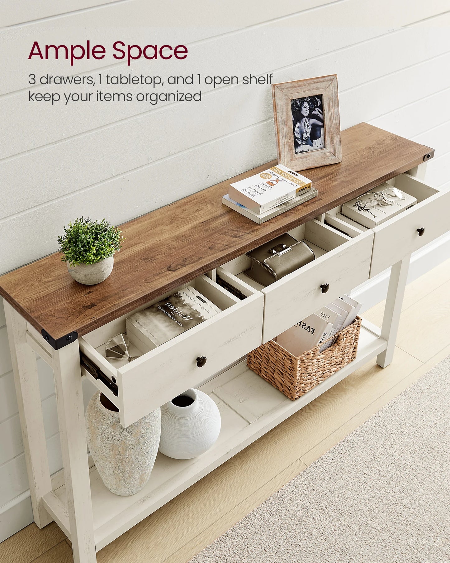 Console Table, with 3 Drawers, Open Storage Shelf