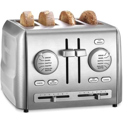 Stainless steel 4-slice custom select toaster with multiple toasting functions and custom shade control settings.