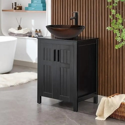 Black Wood Vanity with Ceramic Vessel Sink