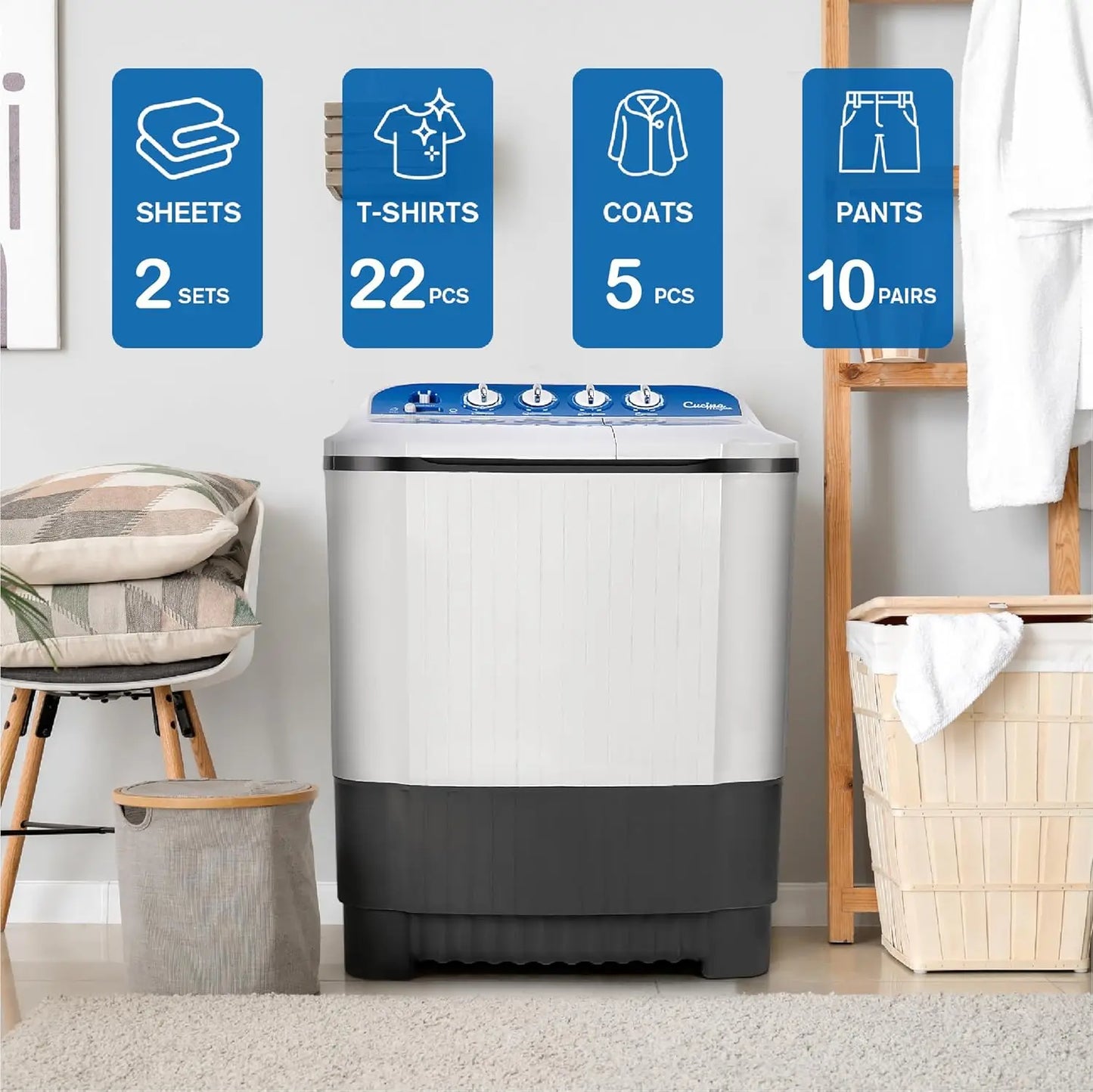 32Lbs Compact Twin Tub Washer and Spin Dryer Semi-automatic Laundry Washer(22Lbs) & Spinner(10Lbs) Combo Timer Control