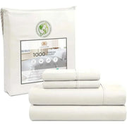 1000 Thread Count Sheet Set in white packaging with folded sheets, showcasing luxury and comfort for queen beds.
