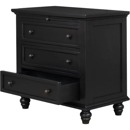 Black Wood Nightstand With 3 Storage Drawers