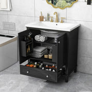Bathroom vanity with ceramic sink, storage cabinet with doors and drawer, and adjustable shelf.