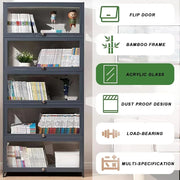 Curio display cabinet with 5-tier acrylic glass shelves showcasing collectibles in a modern living room setting.