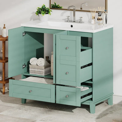 Modern bathroom vanity with USB charging, 2 doors, 3 drawers, sleek design, and ample storage.