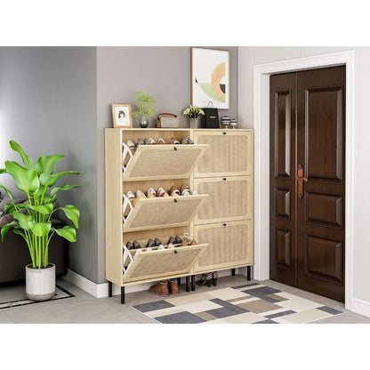 Natural Rattan Cabinet with 3 Flip Drawers, Free Standing Modern 3-Tier Shoe Storage Rack for Heels, Slippers