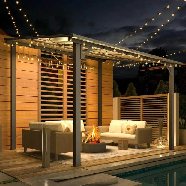 10' x 8' lean to gazebo for patio, wall-mounted with lights, enhancing outdoor space.