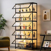 Curio display cabinet with 5-tier acrylic glass shelves showcasing collectibles in a modern living room setting.