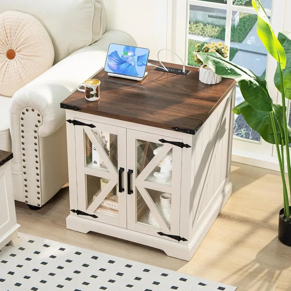 Set of 2 Farmhouse Nightstands with Glass Barn Door