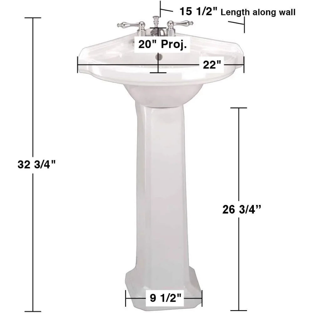 22" White Corner Pedestal Bathroom Sink