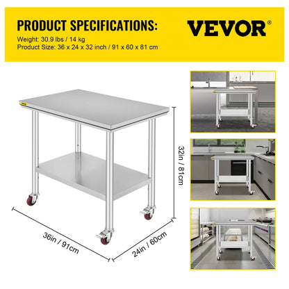 Stainless Steel Kitchen Worktable with Caster Wheels