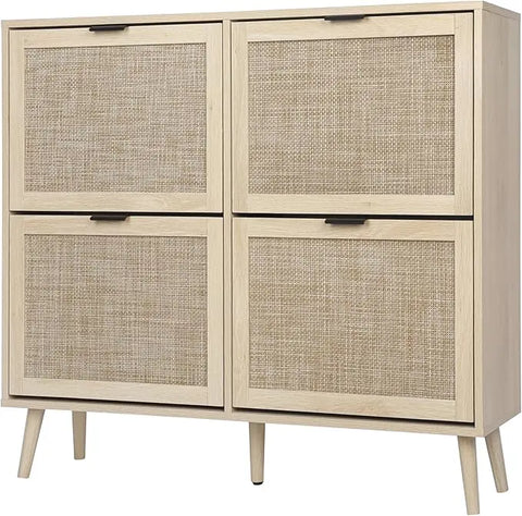 Natural Rattan Cabinet with 3 Flip Drawers, Free Standing Modern 3-Tier Shoe Storage Rack for Heels, Slippers