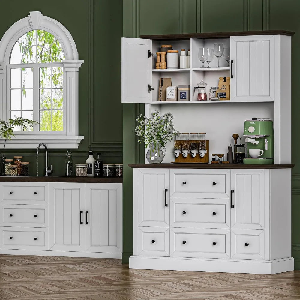 Farmhouse Kitchen Hutch With LED Light & Power Outlets,