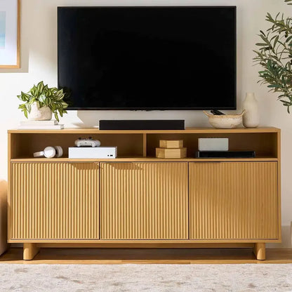 Natural Pine Wood Media Console Storage Cabinet