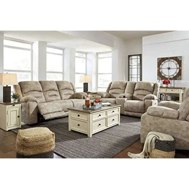 Farmhouse end table with outlets and USB ports in a cozy living room setting.