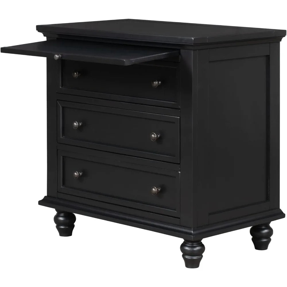 Black Wood Nightstand With 3 Storage Drawers