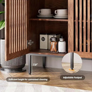 Farmhouse TV Stand with grating doors, metal base, and adjustable footpad for convenient cleaning.