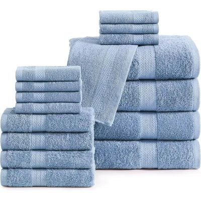 16-piece set of 100% cotton bath towels in solid colors, soft, absorbent, OEKO-TEX certified.