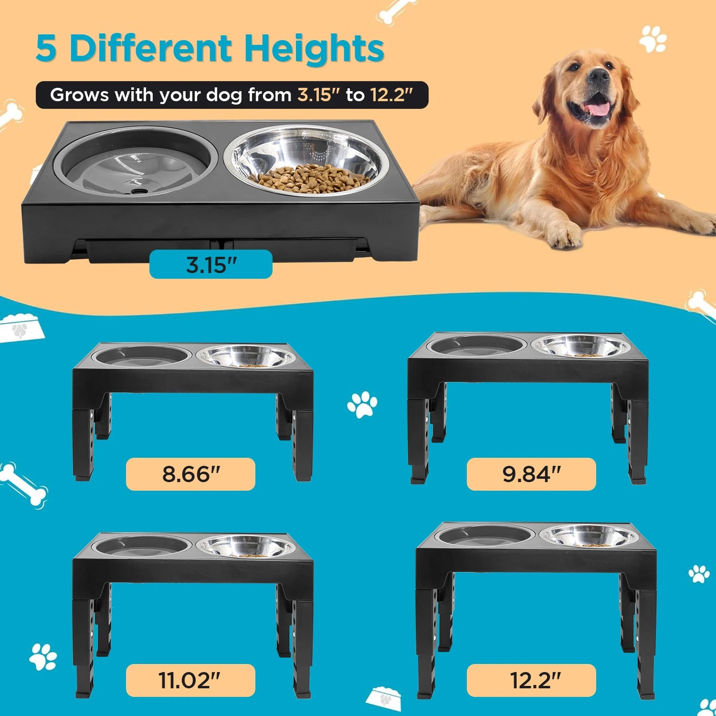 Adjustable Raised Dog Food & Water Bowl