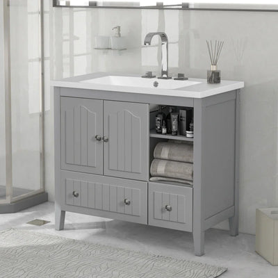 Bathroom vanity with ceramic basin, two doors, drawers, solid frame, and raised groove design in grey and white.